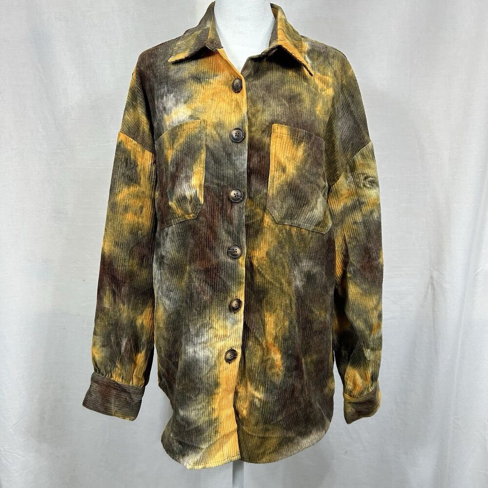 Shein Tie Dye Shacket Corduroy Jacket Medium Yellow Brown Button Autumn Gorp